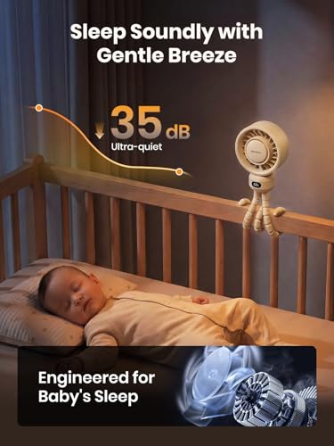 Warmco Portable Stroller Fan, 4000mAh Rechargeable Clip On Fan with Flexible Tripod (Up to 15H), 4 Speeds, LED Display, Detachable Grille, Quiet Operation, for Car Seat, Crib & Treadmill - color: Beige