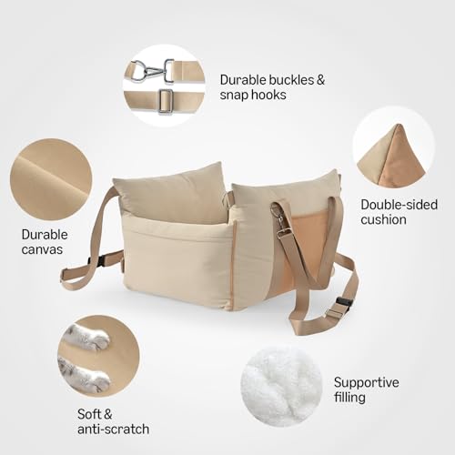 Amazon Basics Dog Car Seat, Pet Booster for Small-Medium Dogs with Leash & Washable Cover, Beige - color: BEIGE