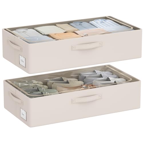 Under Bed Storage Bins Frame Storage Box Oxford Fabric Sturdy Underbed Container Foldable Stackable Large Capacity Clothes Organizer - color: Beige, size: 23.5x11.8x6.3