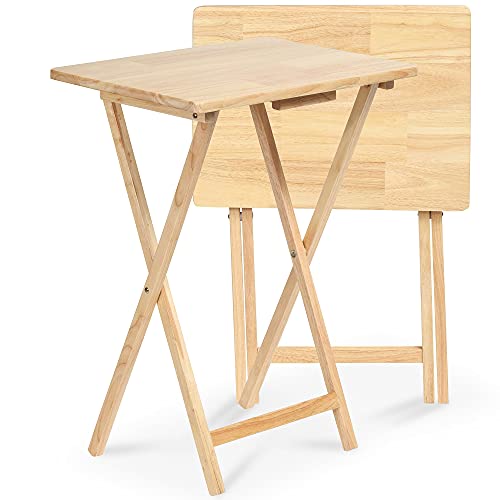 PJ Wood Rectangle Folding Portable TV Snack Serving Tray Table, Solid Wood Construction with Natural Finish, Natural, 2 Piece Set - color: Natural, size: 2-Piece Set