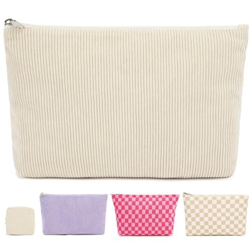 Fammart Corduroy Makeup Bag, Travel Cosmetic Bag Organizer Toiletry Bag Make Up Bags with Zipper & Compartments for Women Girls - color: Corduroy - Beige
