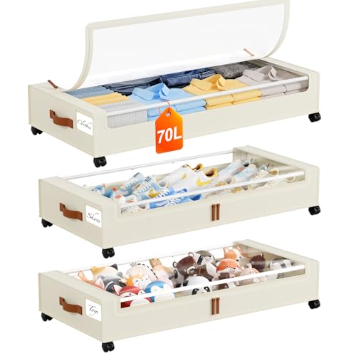 Yecaye 70 L Under Bed Storage with Wheels, 3 Pack Larger Capacity Under Bed Storage Containers, Underbed Shoe Storage Organizer, Rolling Under Bed Metal Drawers for Clothes, Blankets, Beige - color: Beige, size: Extra Large(3pack)