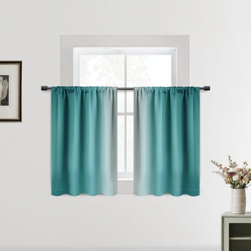 SimpleHome Teal Small Kitchen Window Curtains Over Sink - Rod Pocket Thermal Insulated Window Half Short Curtains for Cafe/RV Camper/Bathroom, 2 Panels, 42x36 inches Length - color: Teal, size: 42"W x 36"L (Pack of 2)