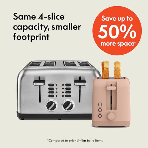 bella 4 Slice Slim Toaster, Fits-anywhere™ Kitchenware, 6 Setting Shade Control with Reheat & Cancel Buttons, Fits Sourdough, 10” Long Slot, Anti Jam & Auto Shutoff, 900 Watt, Blossom - color: Blossom, size: 4 Slice