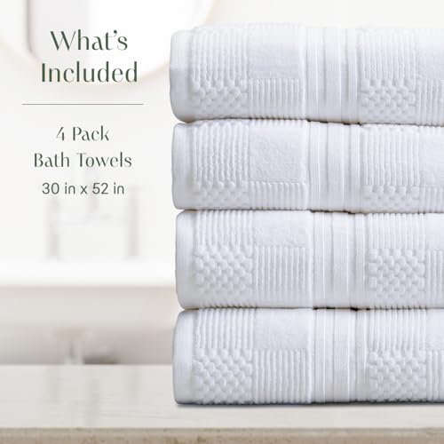 Springtree Home 100% Cotton Bath Towel Set of 4 | White Towels | Geometric Textured Design | Absorbent & Quick-Dry | 4 Bath Towels | Oeko-TEX® Standard 100 Cotton | Myla Collection - White - color: Bright White, size: Bath Towel (4 Pack)