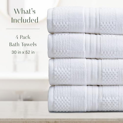 Springtree Home 100% Cotton Bath Towel Set of 4 | White Towels | Geometric Textured Design | Absorbent & Quick-Dry | 4 Bath Towels | Oeko-TEX® Standard 100 Cotton | Myla Collection - White - color: Bright White, size: Bath Towel (4 Pack)