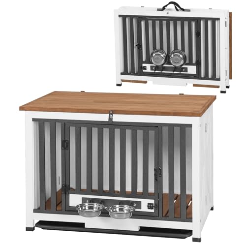 Folding Dog Crate Furniture, Wooden Dog Crate End Table with 360°Rotatable Removable Dog Bowls &Tray, Modern Kennel for Dogs Indoor for Small, Medium Dogs- Portable - color: White