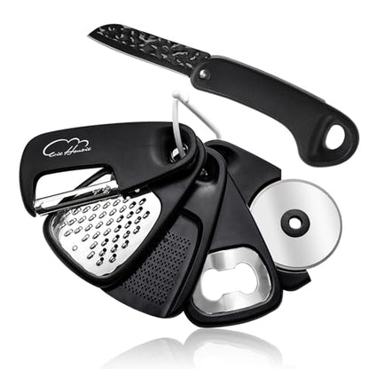 Kitchen Gadgets Set 6 Piece, Space Saving Kitchen Utensils Stainless Steel Accessories Cheese Grater, Bottle Opener, Pizza Cutter, Vegetable Peeler, Paring Knife, Garlic Grinder, Burlap Bag Gift(BLK) - color: Classical Black 6pcs