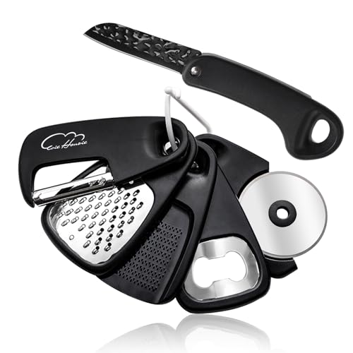 Kitchen Gadgets Set 6 Piece, Space Saving Kitchen Utensils Stainless Steel Accessories Cheese Grater, Bottle Opener, Pizza Cutter, Vegetable Peeler, Paring Knife, Garlic Grinder, Burlap Bag Gift(BLK) - color: Classical Black 6pcs