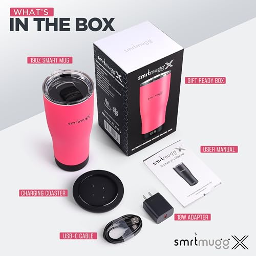 SMRTMUGG X Heated Coffee Mug 19 oz., 8 Hour Battery Life, Self-Heating, Adjustable Temp Controlled, LCD Screen, Includes Cover with Magnetic Slider (Pink) - color: Pink