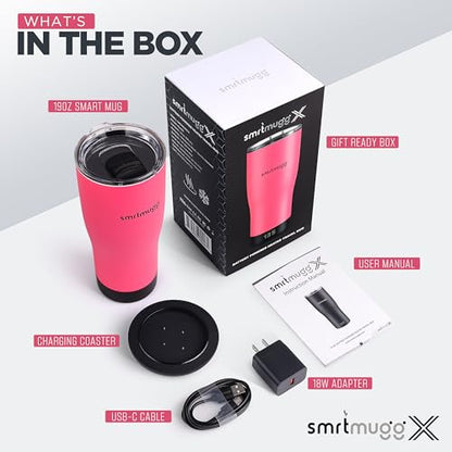 SMRTMUGG X Heated Coffee Mug 19 oz., 8 Hour Battery Life, Self-Heating, Adjustable Temp Controlled, LCD Screen, Includes Cover with Magnetic Slider (Pink) - color: Pink