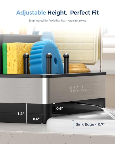 Nacial Kitchen Sink Caddy Organzier with High Brush Holder, Sponge Holder for Kitchen Sink with Two Towel Racks - Rustproof 304 Stainless Steel Kitchen Countertop Storage Essentials - color: Black