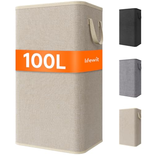 Lifewit 100L Large Tall Laundry Hamper, Collapsible Laundry Basket with Handles, Foldable Clothes Hampers for Laundry, Portable Dirty Clothes Hamper for Dorm College Bedroom Bathroom, Beige - color: Beige, size: 100L