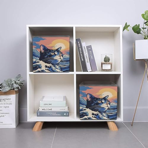 Ocean Cat Sunset Foldable Storage Box with Handle Organizer Containers for Home Office Clothes Office Supplies - color: style-9
