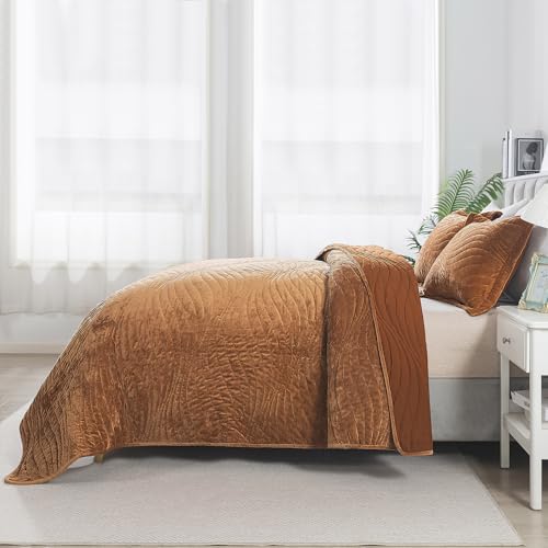 HoneiLife Velvet Quilts Queen Size - Lightweight Bedspreads 3-Pieces, Solid Coverlets Queen Quilt Bedding Sets, Wavy Quilt Sets for All Season Use-Camel - color: Camel-velvet, size: Queen/Full-90"x96"
