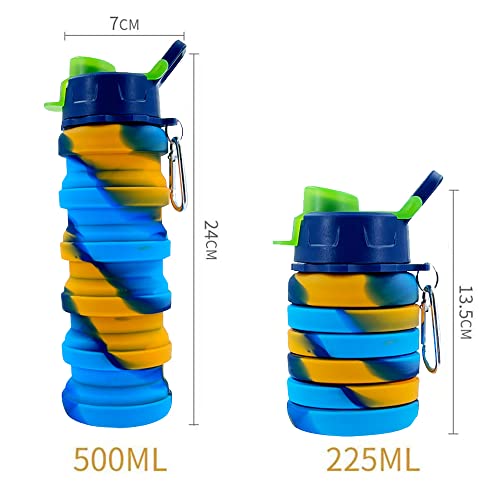 Collapsible Silicone Water Bottles 2 Pack - 500ml Portable Expandable Sport Bottle with Carabiner for Travel & Camping (Yellow Camouflage + Rose Red) - color: Yellow Camouflage+Rose Red