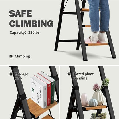 5 Step Ladder, Lightweight Folding Step Stool with Anti-Slip Aluminum Wide Pedal& Convenient Handgrip, 330lbs Capacity Steel Ladder for Household and Office (Black&Woodgrain) - color: Black&woodgrain, size: 5 Step