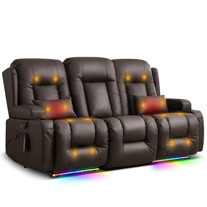 TUNYI Power Loveseat Recliner Sofa with Massage & Heat Home Theater Seating with Console RV Recliner Loveseat Sofa with USB/Storage/Side Pocket/LED Light/Speaker (Brown, 3 Seat) - color: Brown, size: 3 Seat