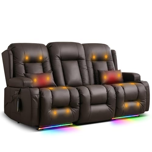 TUNYI Power Loveseat Recliner Sofa with Massage & Heat Home Theater Seating with Console RV Recliner Loveseat Sofa with USB/Storage/Side Pocket/LED Light/Speaker (Brown, 3 Seat) - color: Brown, size: 3 Seat