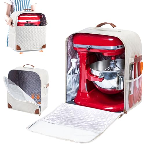 BAGSPRITE Stand Mixer Cover with Appliance Sliders Base Compatible with KitchenAid Mixer-Storage Bag for 4.5/5 Quart with Pockets for Kitchen Aid Accessories and Attachments - color: Ivory, size: Fit for 5/4.5 Quart