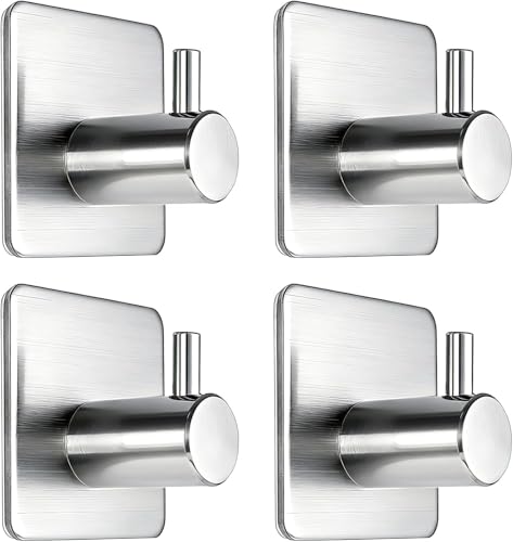 Fotosnow Adhesive Towel Hooks 15lbs Heavy Duty Wall Hooks Waterproof Stainless Steel Hanger for Hanging Coat, Hat, Towel Robe Hook Rack Wall Mount- Bathroom and Bedroom 4-Packs - color: Silver