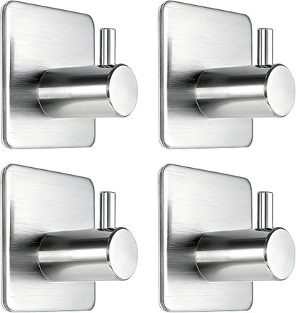 Fotosnow Adhesive Towel Hooks 15lbs Heavy Duty Wall Hooks Waterproof Stainless Steel Hanger for Hanging Coat, Hat, Towel Robe Hook Rack Wall Mount- Bathroom and Bedroom 4-Packs - color: Silver