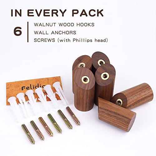 Felidio Wood Wall Hooks, 6 Pack Natural Wooden Coat Hooks Wall-Mounted, Rustic Heavy Duty Hook for Hanging Towels Coats Plants, Entryway Hat Hanger Wall Coat Rack (Walnut Wood) - color: Black Walnut - 6 Pack