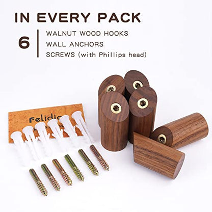 Felidio Wood Wall Hooks, 6 Pack Natural Wooden Coat Hooks Wall-Mounted, Rustic Heavy Duty Hook for Hanging Towels Coats Plants, Entryway Hat Hanger Wall Coat Rack (Walnut Wood) - color: Black Walnut - 6 Pack