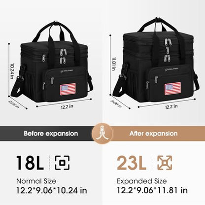 Maelstrom Lunch Box, 23L Insulated Lunch Bag, Expandable Double Deck Cooler Bag, Lightweight Leakproof Tote Bag With Side Tissue Pocket, Suit For Men and Women (F Black with DIY Hook-and-Loop) - color: F Black with DIY Hook-and-Loop