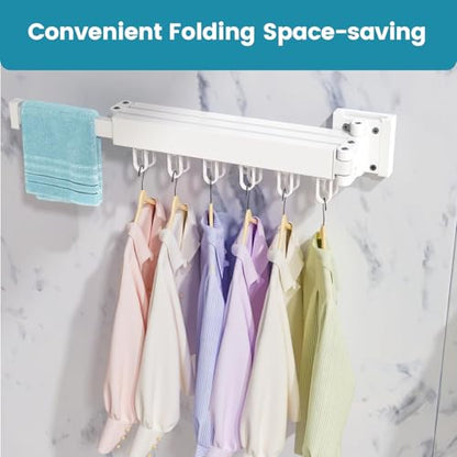 Abiglifty Clothes Drying Rack Wall Mounted, Laundry Drying Rack Collapsible, Foldable & Retractablewith 18 Hooks for Indoor/Outdoor Use inLaundry Room, Bathroom & Balcony (White) - color: White