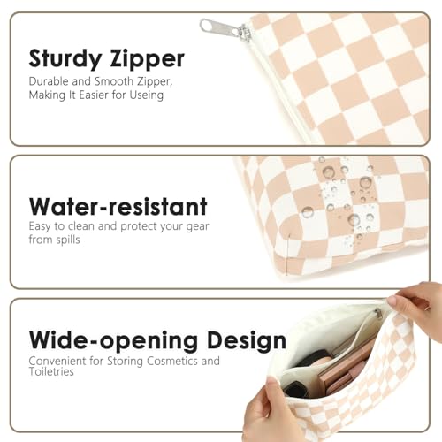 Fammart Checkered Makeup Bag, Travel Cosmetic Bag Organizer Toiletry Bag Make Up Bags with Zipper & Compartments for Women Girls - color: Checkered - Khaki