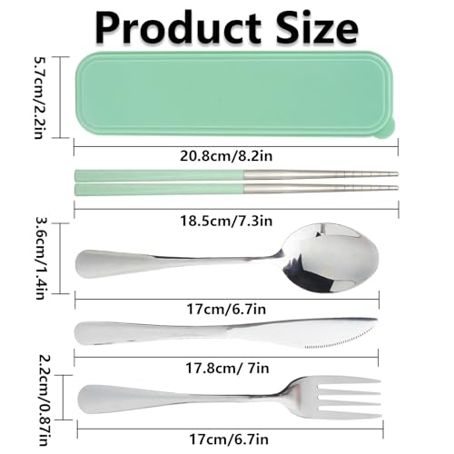 JEPELUS 2 Pcs Travel Utensils with Case, Reusable Lunch Box Silverware Set for Adult, Stainless Steel Cutlery Set Include Fork Spoon Knife Chopsticks Case for Work Camping Office School (Pink+Green)
