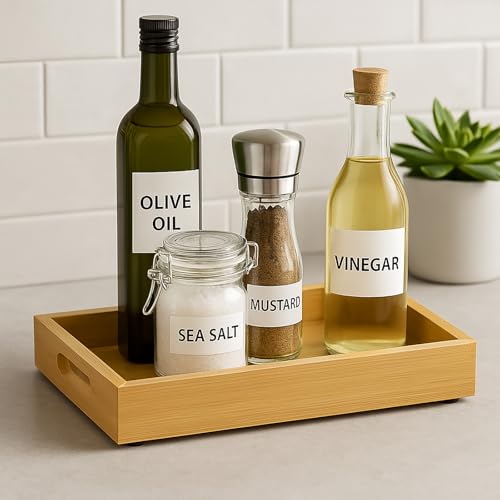 Tray for Oil Bottles Kitchen Counter – Bamboo Organizer with Handles, Waterproof Coating & Non-Slip Feet, Condiment Holder for Spices, Sauces & Seasoning Jars (2, Natural)