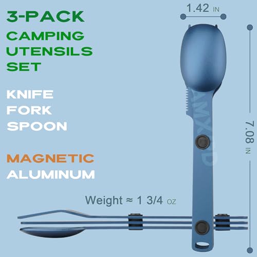 Magnetic Camping Utensils Set, Portable & Reusable Metal Travel Flatware, Camping Cutlery Set, Knife, Fork & Spoon, 3-PACK, Blue - color: Blue