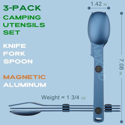 Magnetic Camping Utensils Set, Portable & Reusable Metal Travel Flatware, Camping Cutlery Set, Knife, Fork & Spoon, 3-PACK, Blue - color: Blue