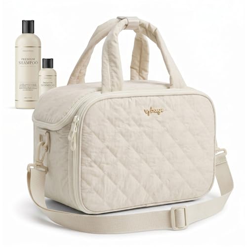 VPBAGE Large Quilted Toiletry Bag for Women, Puffy Travel Makeup Organizer with Removable Divider & Shoulder Strap, Waterproof Standing Cosmetic Case for Full-Size Toiletries, Gym, Vacation - color: Ivory