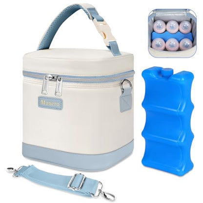 Mancro Baby Bottle Cooler Bag for Breast Milk, Includes Ice Pack, Fits 6 x 9oz Bottles, Insulated Daycare Bag for Nursing Moms, Leakproof Breastmilk Tote,Blue & Beige - color: Blue Beige