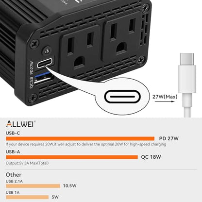 ALLWEI 300W Power Inverter 12V DC to 110V AC Car Plug Adapter Outlet Converter with 27W PD USB-C &18W USB-A Fast Charger, Car Cigarette Lighter Adapter for Laptop Tablets Phones-Black - color: PD27W-Black