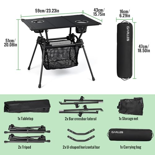 GARLLEN Folding Camping Table, Ultralight Compact Beach Table with Fabric Tabletop, Portable Folding Picnic Table with Cup Holder & Storage Net for Sand, Camping, Outdoor, 23.2“L x 15.7”W