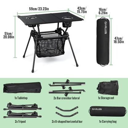 GARLLEN Folding Camping Table, Ultralight Compact Beach Table with Fabric Tabletop, Portable Folding Picnic Table with Cup Holder & Storage Net for Sand, Camping, Outdoor, 23.2“L x 15.7”W