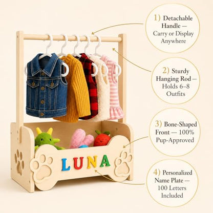 Personalized Dog Wardrobe for Small Dogs – Wooden Clothes Rack with 10 Hangers, DIY Name Plate & Toy Bin | Unique Dog Mom Gift for Chihuahua Yorkie Pomeranian