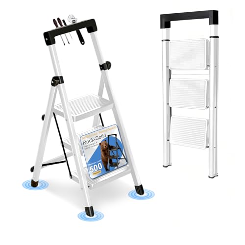 3 Step Ladder with Handrail Folding Step Stool with Tool Tray | 500LBS Capacity Sturdy Carbon Steel Frame Anti-Slip Stripe Pedal for Home Kitchen Garage (white-3step) - color: White-tool, size: 3 step