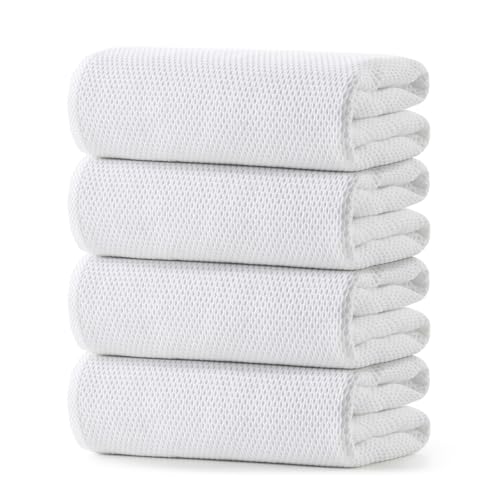 REDKISS 100% Cotton Waffle Weave Bath Towels 4 Pack - 27.5x55 Inches| Lightweight, Quick Dry & Highly Absorbent,Perfect for Spa, Gym, Travel, Guest Bathroom-White - color: White