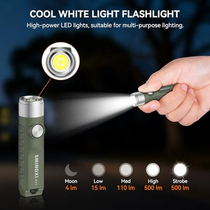 500 Lumens Rechargeable Keychain EDC Flashlight with Magnetic Base, Super Bright Mini Pocket Light with USB-C, IP66 Small Lightweight Flashlights for Camping, Emergency - color: Green-1pcs