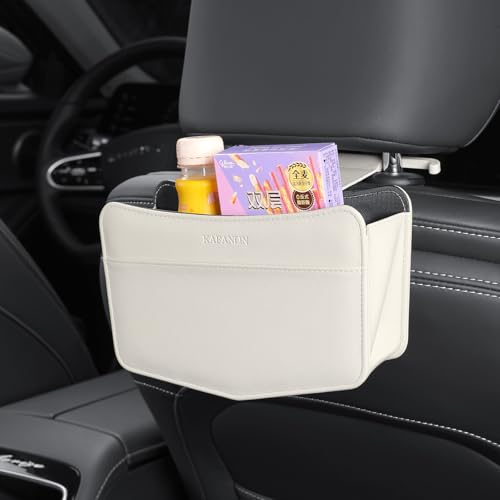 Car Trash Can Small Leather Vehicle Trash Bin Car Dustbin Garbage Organizer Holder with Trash Bag Foldable Mini Cars Storage Bag Container for Auto SUV Van Trucks (White,Hanging Hook) - color: white, style: hanging hook