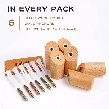 Felidio Wood Wall Hooks, 6 Pack Natural Wooden Coat Hooks Wall-Mounted, Rustic Heavy Duty Hook for Hanging Towels Coats Plants, Entryway Hat Hanger Wall Coat Rack (Beech Wood) - color: Beech Wood - 6 Pack