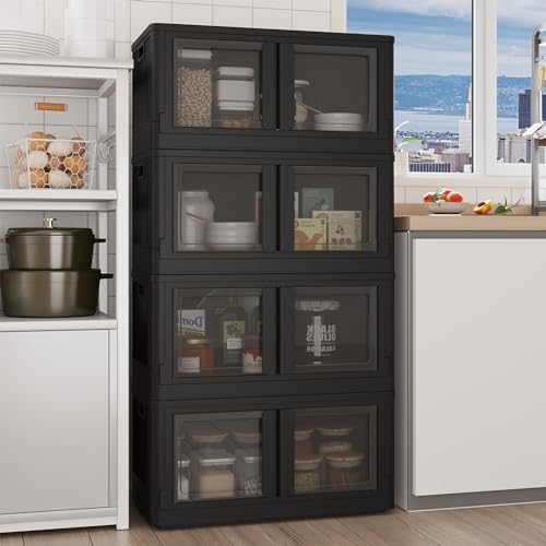 FLEXIMOUNTS 304 QT Stackable Storage Bins With Lids, Collapsible Plastic Storage Bins and Storage Containers with Doors and Built-in Wheels For Home, 4 Pack Cubes, Black - color: Black, size: 76 Qt-4 Pack