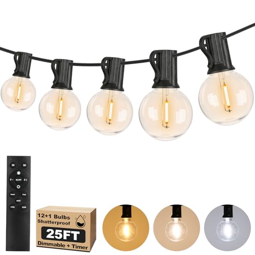 25FT LED Outdoor String Lights with 3 Color Lights, Dimmable String Lights for Outside with Remote, G40 Globe Waterproof Patio Lights with 12+1 Shatterproof Bulbs for Party Backyard BBQ House Camping - color: Black, size: 25FT-3CCT