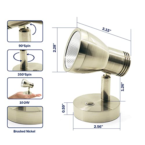 THALASSA RV Overhead Reading Light 12V LED Spotlight Camper Motorhome Interior Warm Light Brushed Nickel with Blue Small Reminder Light, Adjustable Touch Dimmer Switch 3W DC 10-30V - color: Brushed Nickel Finish
