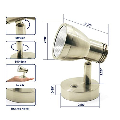 THALASSA RV Overhead Reading Light 12V LED Spotlight Camper Motorhome Interior Warm Light Brushed Nickel with Blue Small Reminder Light, Adjustable Touch Dimmer Switch 3W DC 10-30V - color: Brushed Nickel Finish